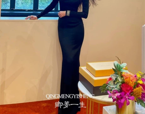明星同款黑色晚礼服裙女2022新款鱼尾裙高...