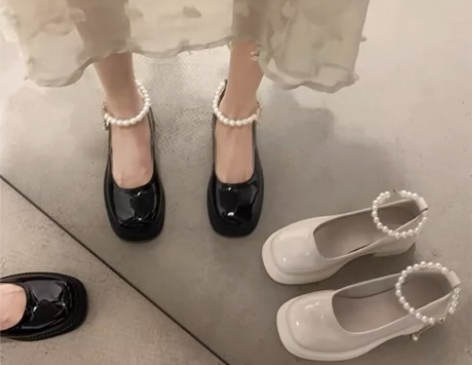 法式珍珠小皮鞋女2022夏季新款配裙子厚底...