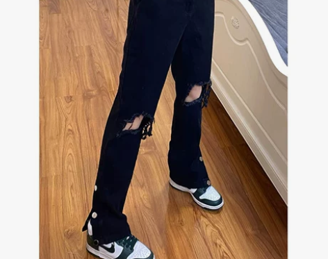 大码黑色破洞牛仔裤女春夏新款炸街穿搭胖mm...