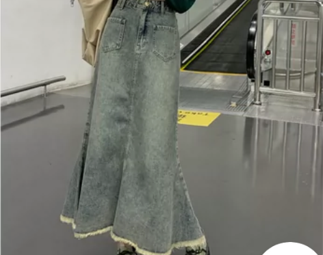 港味复古毛边鱼尾裙2022新款牛仔半身裙女...