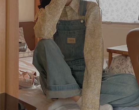 jmwomen 高腰直筒背带牛仔裤女春季日...
