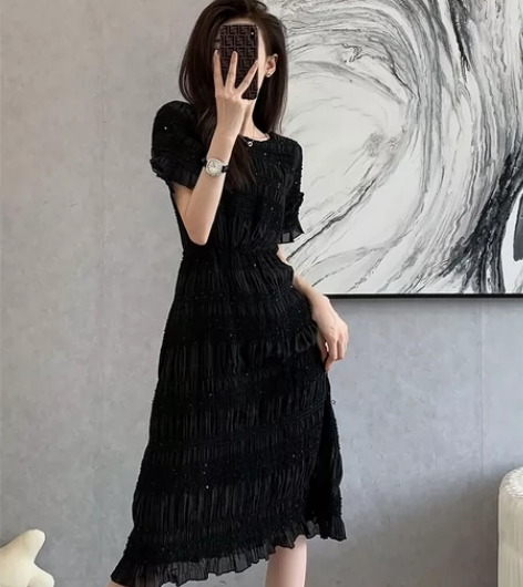 夏天显瘦长裙黑色仙气法式温柔风收腰仙女超仙...