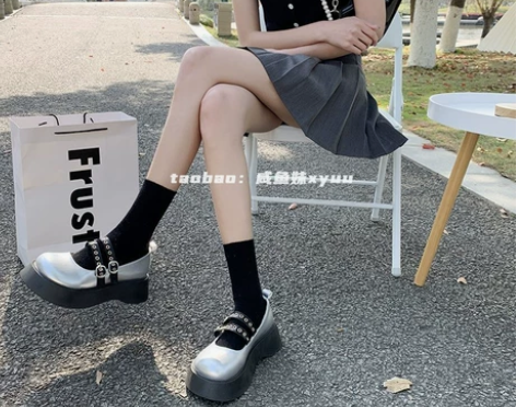 银色玛丽珍鞋女夏厚底辣妹jk玛吉珍复古单鞋...