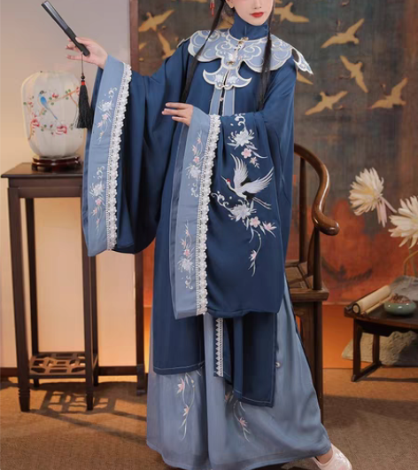 包邮清梳原创云鹤辞明制汉服女对襟长衫刺绣云...