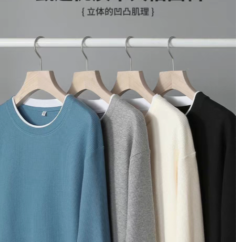 各种颜色华夫格长袖t恤男士春秋季假两件卫衣...