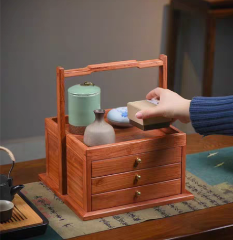 缅甸花梨三层提篮普洱茶盒红木桌面收纳置物盒...
