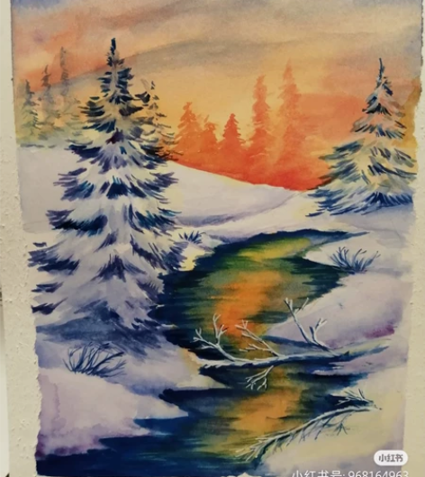 水彩画，夕阳雪景，尺寸10×20，可以在线...