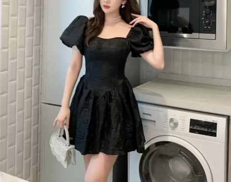 甜美公主风短款蓬蓬裙女夏季法式方领泡泡袖连...